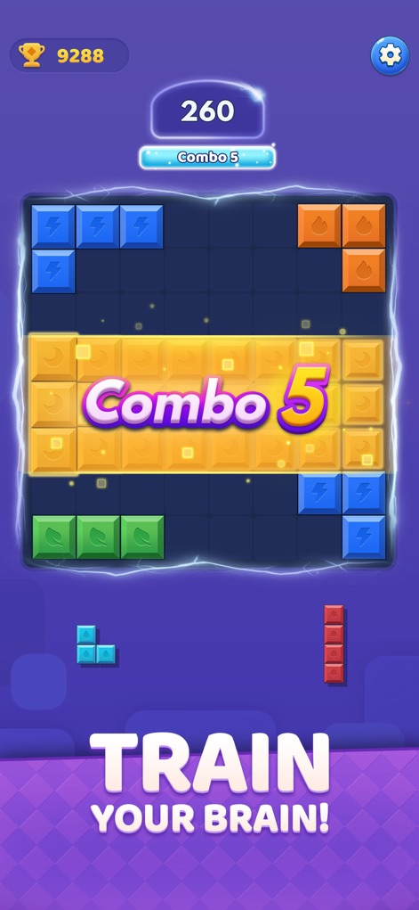Color Blast:Block Puzzle - Cette capture met en lumière les animations de combo dynamiques avec leurs effets lumineux, récompensant les utilisateurs pour l'élimination simultanée de lignes et de colonnes.