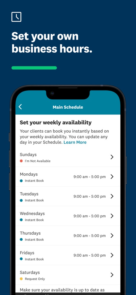 Angi Services for Pros - This tool empowers professionals to customize their work-life balance by setting 'Set your weekly availability' and defining specific 'Instant Book' time slots.