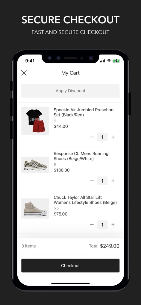 Shoe Palace - The app streamlines the purchasing process with an itemized cart list for easy review and a prominent 'Checkout' button, ensuring a secure and efficient transaction.