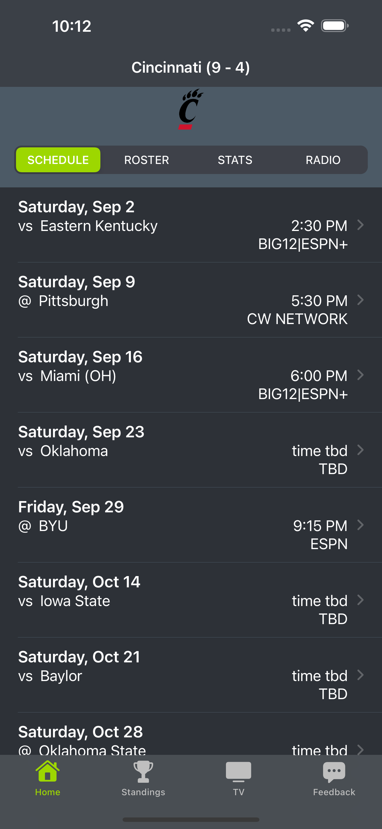 Cincinnati Football Schedules