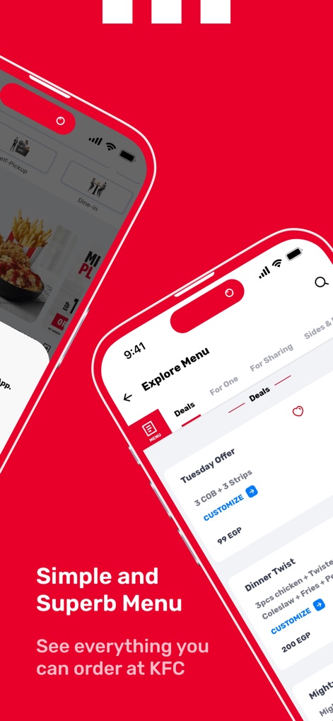 KFC Egypt - Order Food Online - Browse an intuitive menu, offering clear categories like 'Deals' and detailed meal descriptions such as the 'Tuesday Offer' and 'Dinner Twist'.
