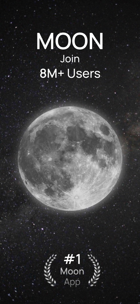 MOON - Current Moon Phase - 本アプリは、精細な満月のビジュアルとともに、800万人を超えるユーザーベースを誇るNo.1月相アプリとして紹介されています。
