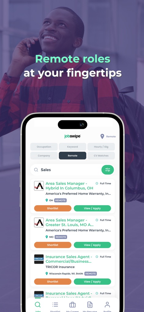 JobSwipe - Get a Better Job - Users can effortlessly discover remote opportunities by activating the 'Remote' filter and reviewing job listings clearly marked with the 'REMOTE' tag.
