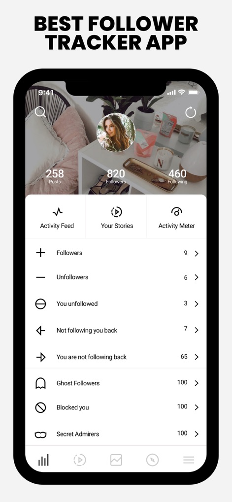 FollowMeter for Instagram - Users can easily monitor their Instagram metrics, with clear displays for total posts and followers, alongside a detailed breakdown of follower interactions.