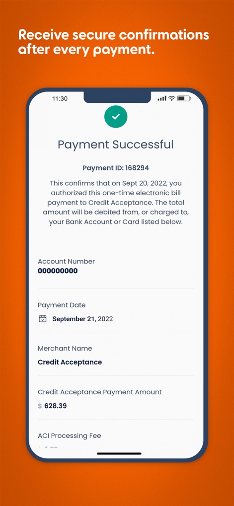Credit Acceptance Mobile - Nach jeder Transaktion erhalten Nutzer eine klare Bestätigung ihrer "Payment Successful"-Meldung, die eine eindeutige "Payment ID" und das genaue "Payment Date" für die getätigte Zahlung enthält, was für zusätzliche Sicherheit sorgt.