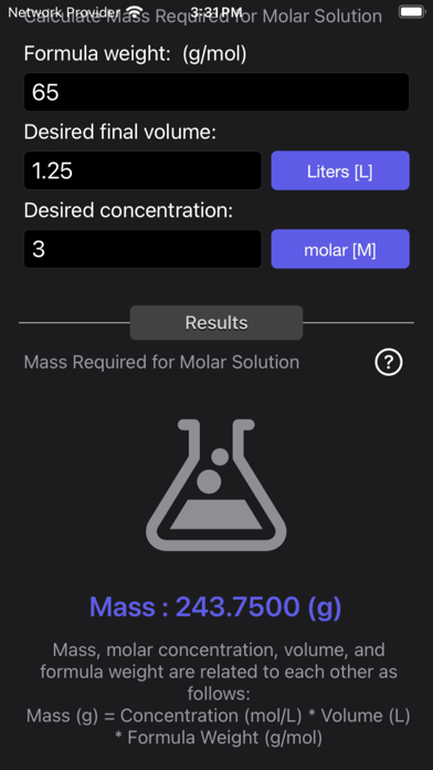 Mass Molarity Calculator Screenshot