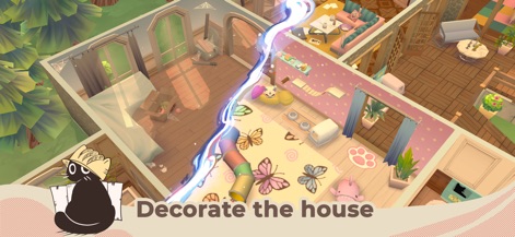 Cat Rescue Story - Os jogadores podem transformar uma casa antiga, decorando diferentes cômodos com mobília e acessórios como um túnel para gatos, revelando as opções de design de interiores.