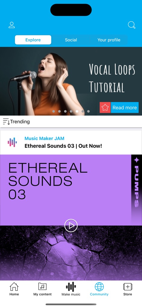 Music Maker JAM - The app offers a vibrant community hub where users can access helpful tutorials like 'Vocal Loops Tutorial' and explore trending tracks, all easily navigable via the intuitive bottom menu bar.