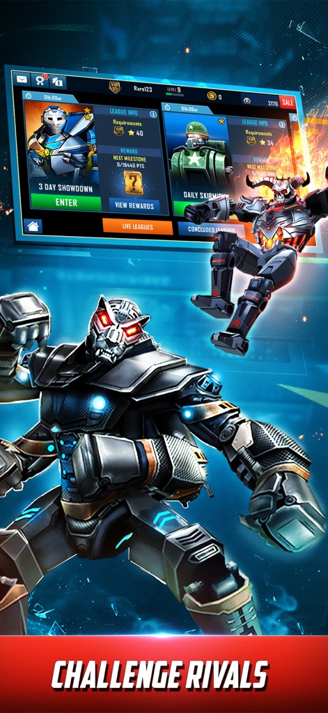 World Robot Boxing - Dive into competitive gameplay by navigating the Live Leagues interface and observing the fierce combat poses of the powerful rival robots.