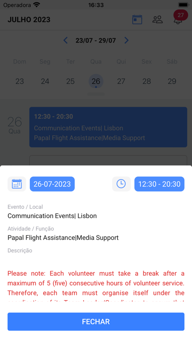 WYD Volunteer Schedule Screenshot