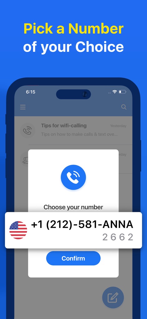 Text ▹ - Los usuarios pueden seleccionar fácilmente su número de teléfono deseado, con una ventana emergente que muestra un número de EE. UU. y el botón de confirmar.