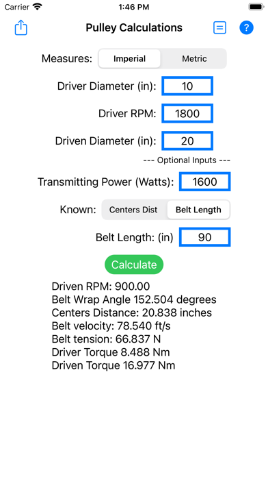 Belt & Pulley Calculator Screenshot