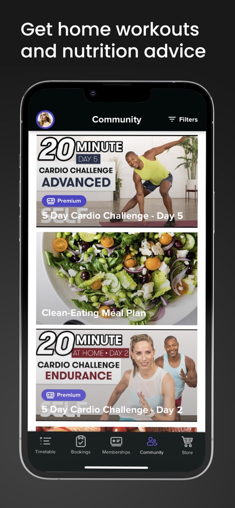 Glofox - The platform offers a rich resource library, showcasing diverse content tiles for workouts and nutrition, alongside a useful 'Filters' option for content discovery.