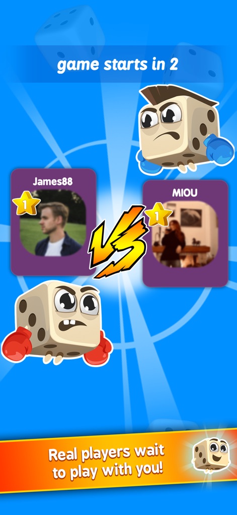Yatzy Arena® Lucky Dice World - A tela de preparação para o confronto PvP exibe os avatares dos jogadores e os simpáticos personagens de dados animados, indicando o início iminente da partida.
