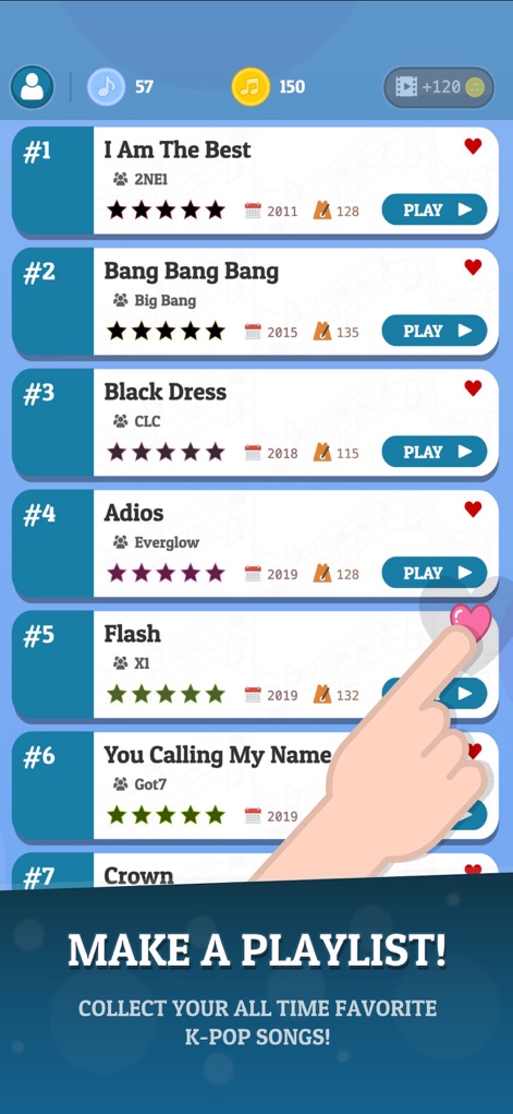 KPOP Tiles 2026 - Users can easily make personalized playlists by liking their favorite K-Pop songs and tracking their individual high scores.