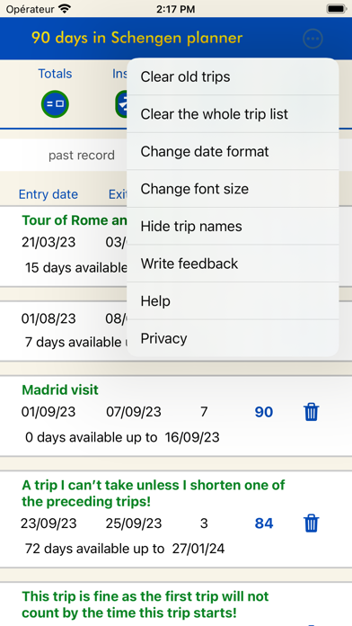 90 days in Schengen planner Screenshot