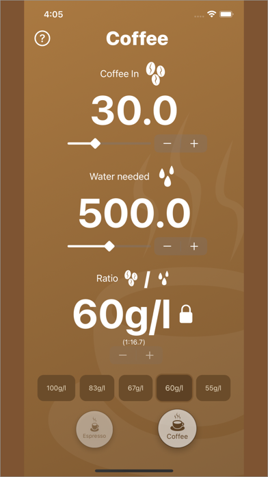 Espresso and Coffee Ratios Screenshot