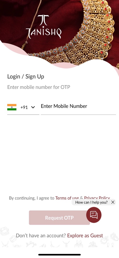 Tanishq (A TATA Product) - See how the app facilitates secure access with a mobile number input and an OTP request button.