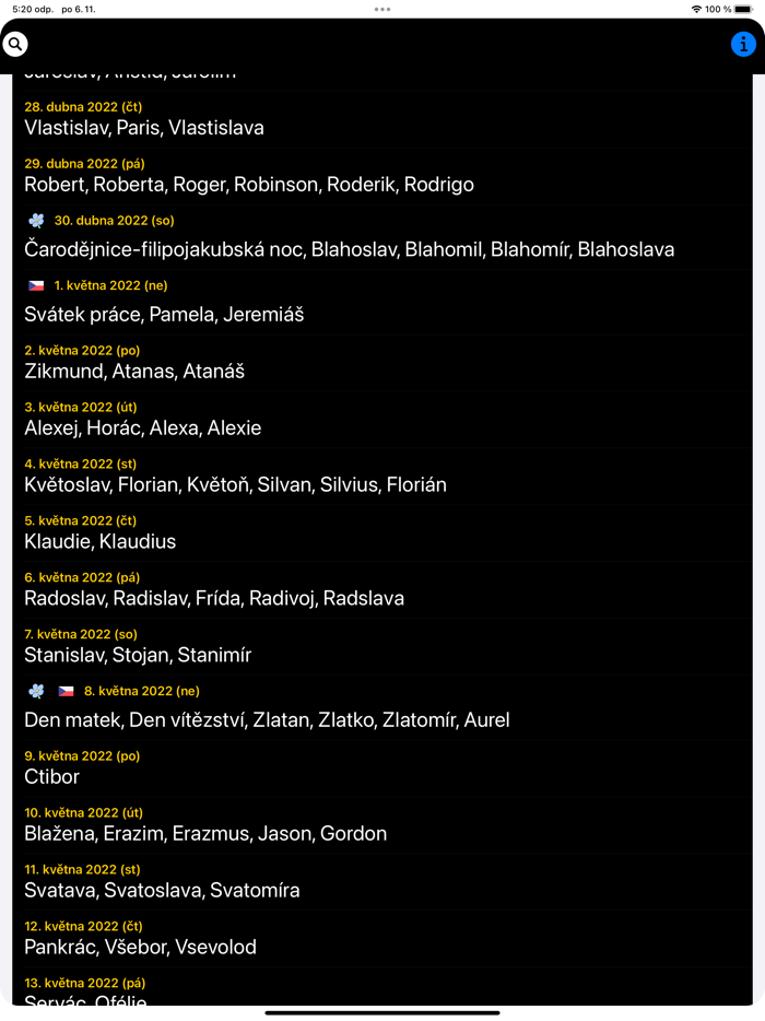České jmeniny a svátky mobil
