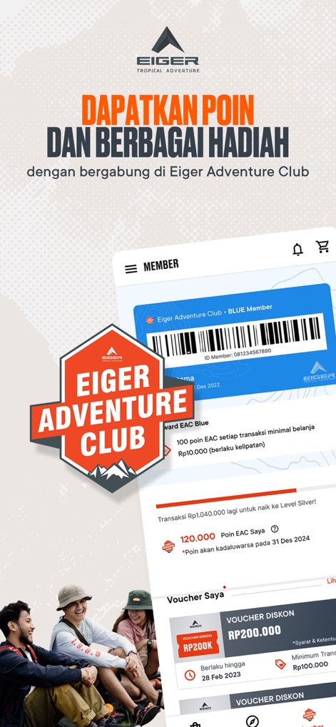 Eiger Adventure - Il programma EIGER Adventure Club premia la fedeltà degli utenti, che possono visualizzare la loro 'Eiger Adventure Club - BLUE Member' card e monitorare il loro saldo '120.000 Poin EAC Saya' per riscattare premi e voucher.