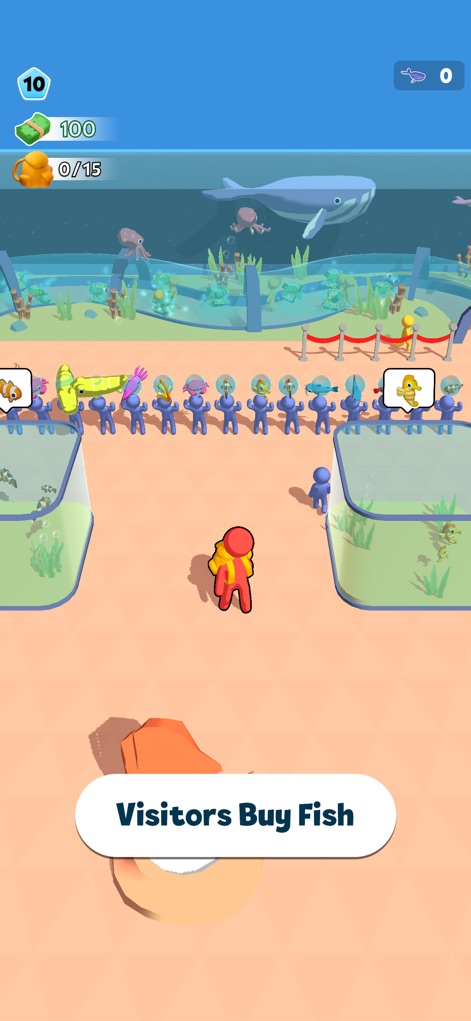 Aquarium Land - Fishbowl World - Observe the efficient customer queue and the specific fish speech bubbles, indicating visitor preferences and purchases.
