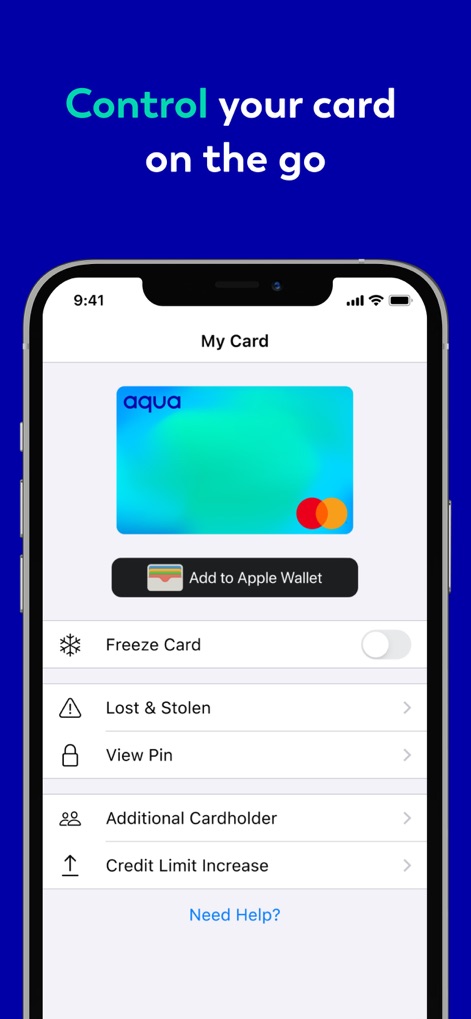 Aqua credit card - この画面では、ユーザーはカードの一時停止機能を通じてセキュリティを管理し、Apple Wallet連携によりカードをデジタルウォレットに追加して利便性を高めることができます。
