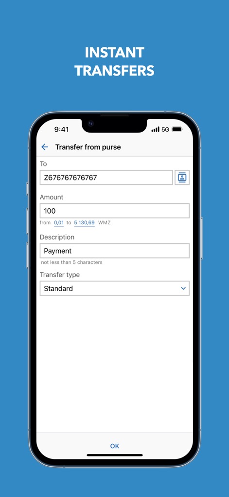 WebMoney Keeper - Experience the simplicity of sending money instantly, utilizing a clear recipient input field and a flexible 'Transfer type' dropdown for customized transactions.