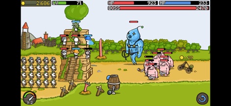 Grow Castle! - Esta herramienta presenta una torre de defensa distintiva, con forma de templo y un árbol en la cima, mientras los usuarios enfrentan a un jefe azul musculoso y gigantesco empuñando un látigo, destacando la variedad de enemigos.