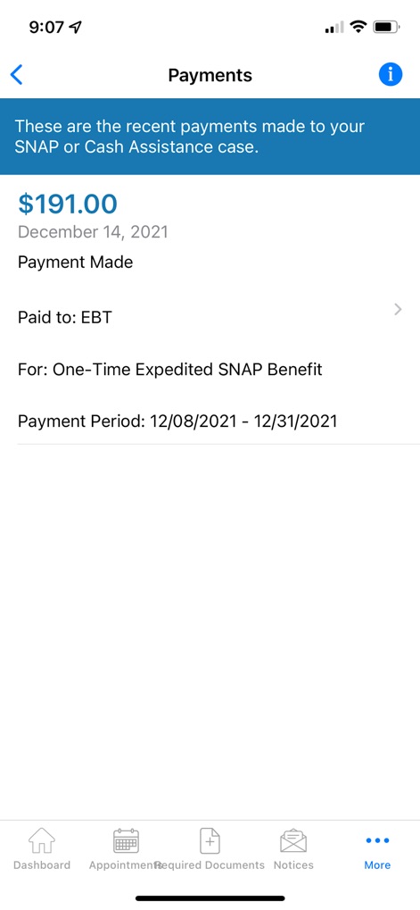 NYC ACCESS HRA - The 'Payments' section details recent transactions, showing specific amounts like '$191.00' and clarifying the purpose, such as 'One-Time Expedited SNAP Benefit'.