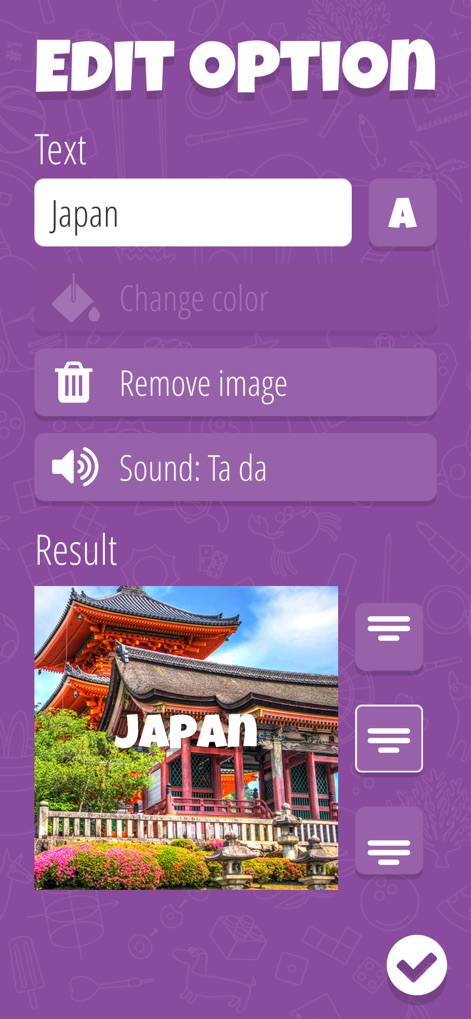Decision Roulette: you choose! - The app provides detailed editing controls for each option, including text input fields and the ability to associate unique sound effects like "Ta da."