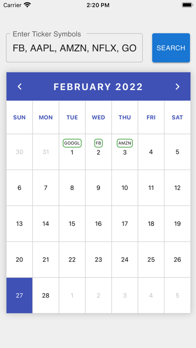 Stocks Earnings Call Calendar Screenshot
