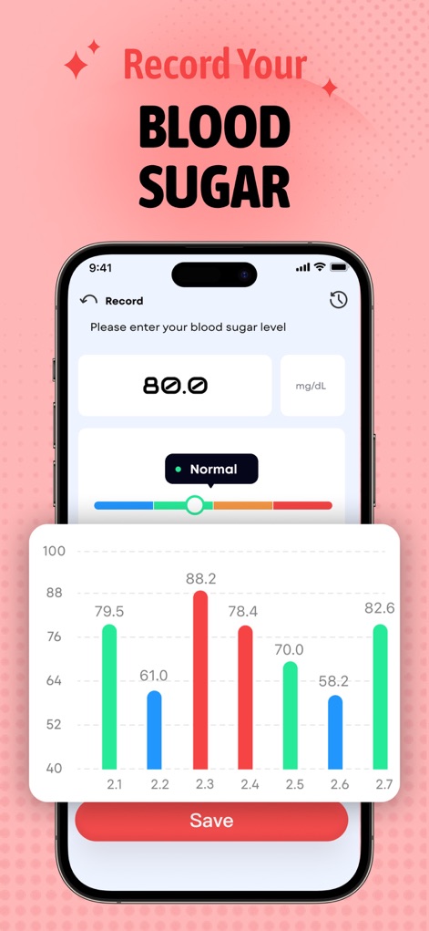 Daily Health-pulse heart track - Die Anwendung erlaubt die einfache Eingabe des Blutzuckerwertes, der mit einem "Normal"-Indikator versehen ist, und visualisiert den Verlauf in einem farbkodierten Balkendiagramm zur besseren Übersicht.