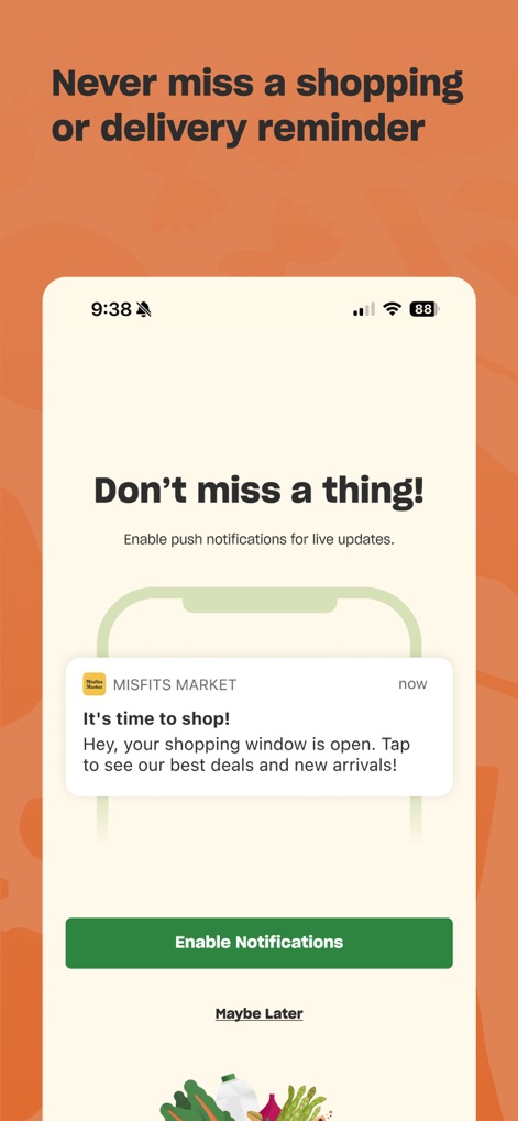 Misfits Market Grocery App - The tool ensures users never miss an update, providing clear options to "Enable Notifications" and showing a preview of timely "It's time to shop!" reminders.