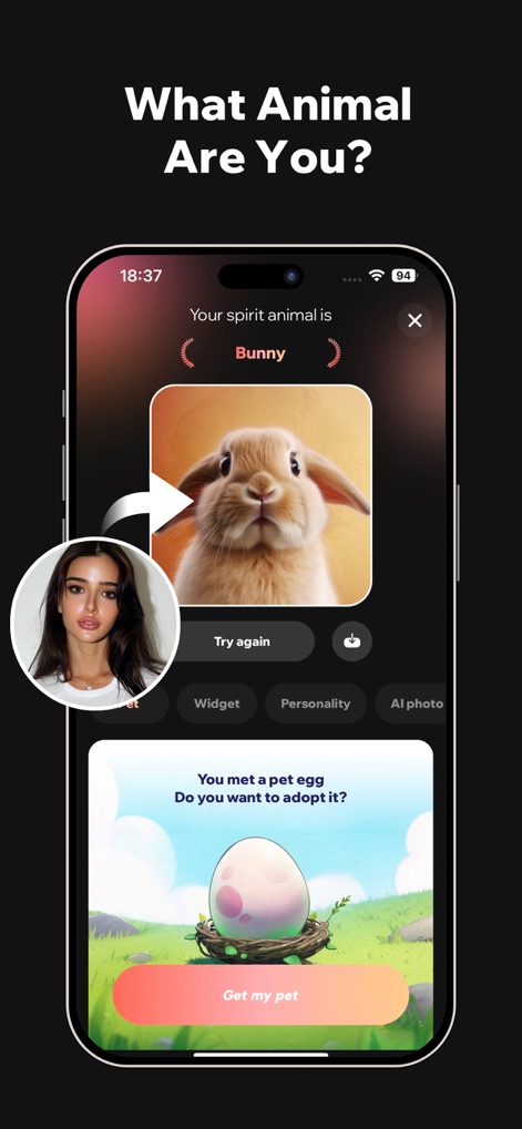 AnimalFace - looksmax ai score - This tool helps users discover their "spirit animal" by showing a user's photo transforming into an animal image, and introduces the concept of adopting a "pet egg."