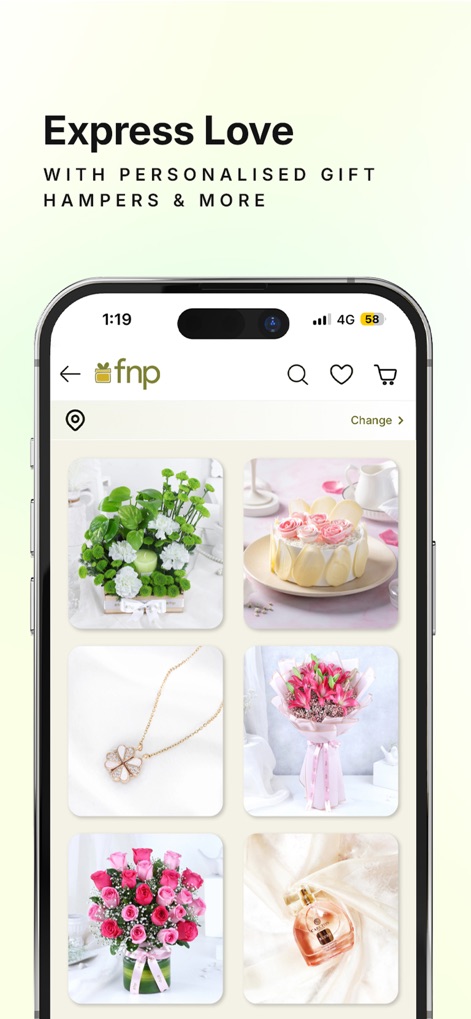 FNP: Gifts, Flowers, Cakes App - The app displays a wide assortment of gifting options, from elegant 'red roses' bouquets to sophisticated 'white cake' designs, presented in an easy-to-browse grid.