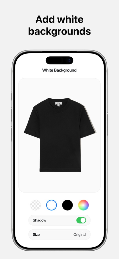 Pixelcut AI Photo Editor - See how the app offers quick white background application, complete with options to add realistic shadows, ideal for e-commerce product listings.