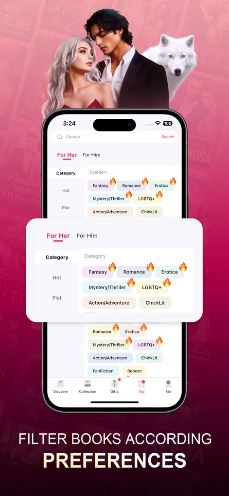 NovelaGo - Read Novels & Books - La aplicación permite a los usuarios filtrar libros por preferencias con categorías como "For Her" y "For Him", y géneros populares marcados con íconos de llama para indicar tendencias, como "Romance" y "Fantasy".