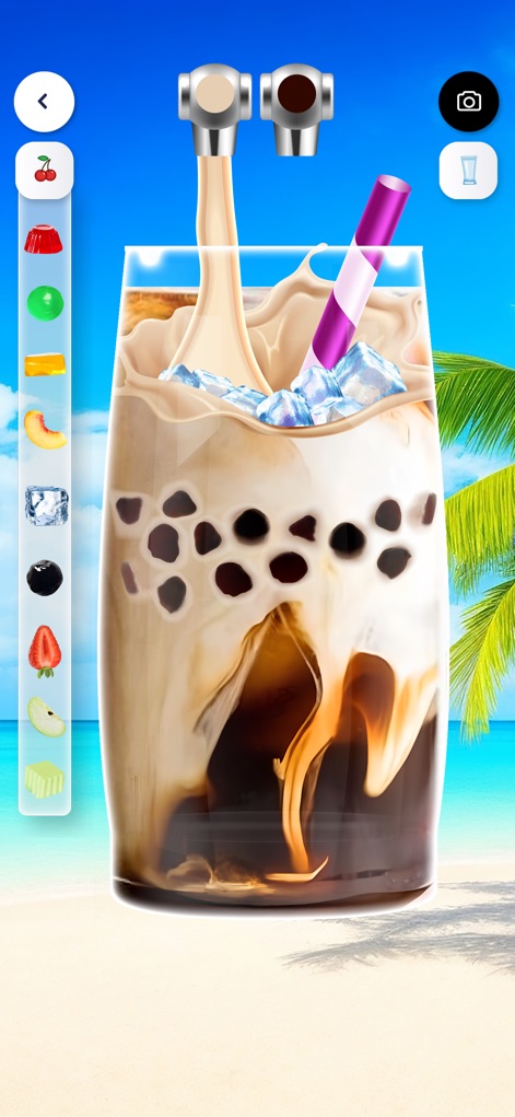 Boba Tea DIY: Bubble Tea - La aplicación presenta la personalización de un té de burbujas cremoso, donde se destaca la adición de **perlas de boba** y una variedad de **frutas frescas** disponibles en el panel lateral.