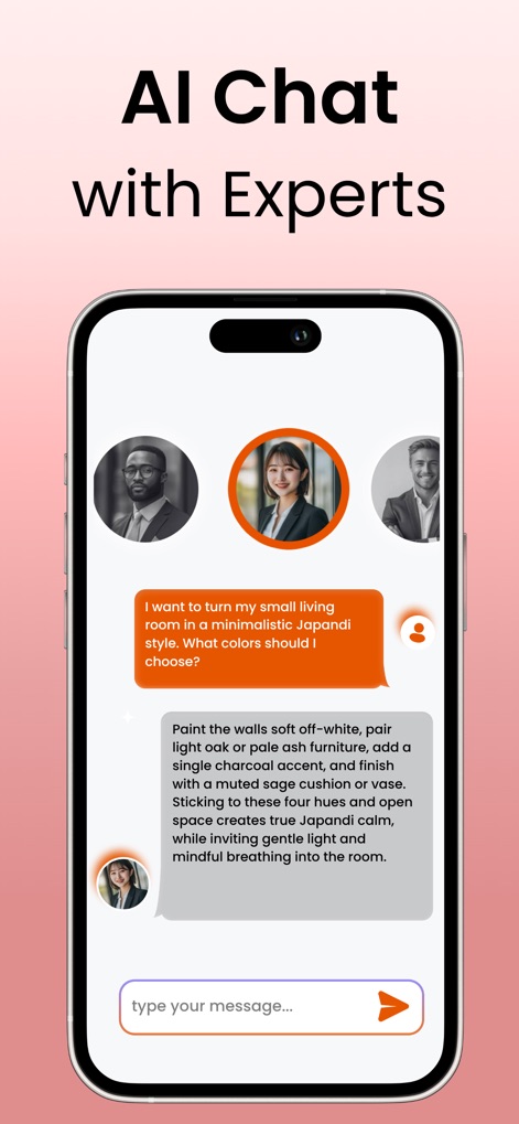 DecorAI: AI Interior Design - Users can engage with the 'AI Chat with Experts' feature to receive personalized design advice and detailed responses to their specific queries.