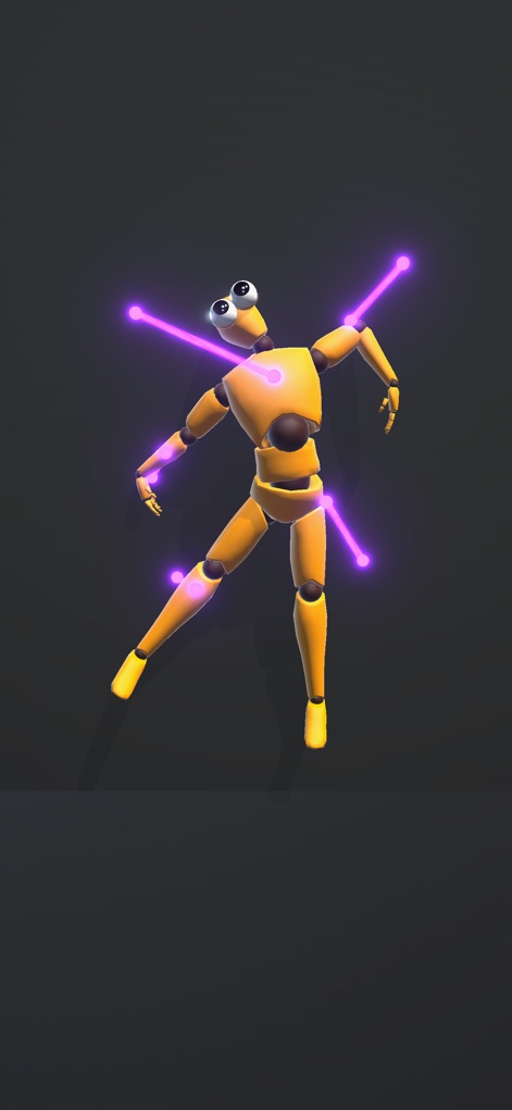 Elastic Playground:Ragdoll Fun - Witness the exciting physics in action as multiple luminous rubber bands manipulate the ragdoll's limbs, showcasing the core stretchability mechanic of the game.