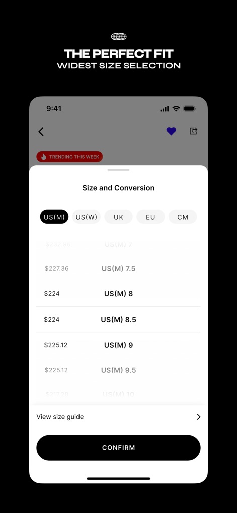 KICKS CREW: Shoes & Apparel - The app ensures a perfect fit for users by offering comprehensive size conversion options across various international standards and a convenient 'View size guide' link.