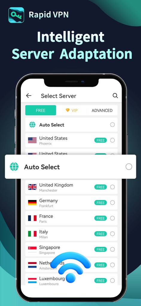 Rapid VPN - Safe & Fast Proxy - This tool features intelligent server recommendations via the 'Auto Select' option and an animated Wi-Fi signal icon, simplifying optimal server selection for users.
