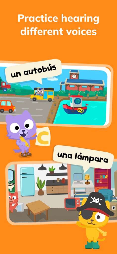 Learn Spanish – Studycat - Users can practice auditory comprehension with diverse vocabulary examples like "un autobús" and "una lámpara", presented with varied character voices and visual scenarios.