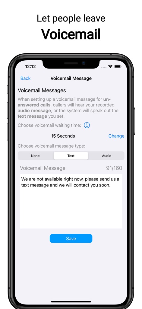 Second Phone Number: Text Call - Configure custom voicemail greetings and choose between audio or text message options for callers to leave messages.