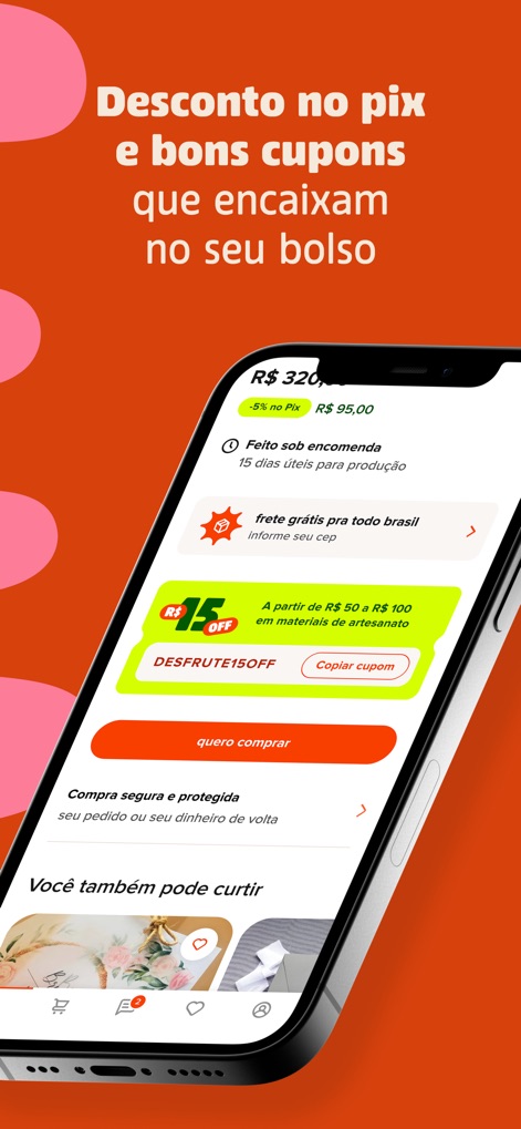 Elo7 - This section details beneficial payment incentives, including a '-5% no Pix' discount, and provides clear options for applying promotional coupons to purchases.