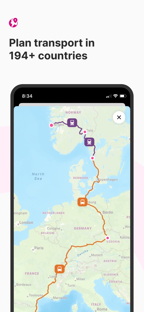 Rome2Rio: Trip Planner - Users can visualize extensive international routes across a detailed European map, demonstrating the app's capability to connect diverse transport hubs across countries.