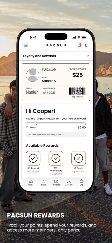 Pacsun - Review the comprehensive 'Loyalty and Rewards' dashboard, featuring a personalized 'PSRewards' card and a clear overview of 'Available Rewards'.