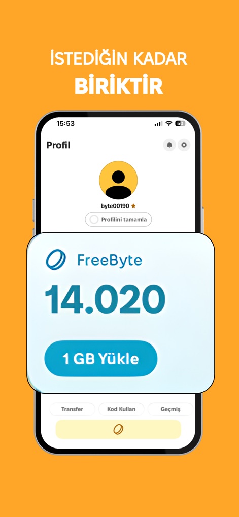 GIFTBANK - 이 앱은 사용자의 총 FreeByte 보유량을 대시보드에서 직관적으로 보여주며, '1 GB Yükle' 버튼을 통해 즉시 인터넷 패키지로 전환할 수 있도록 돕습니다.