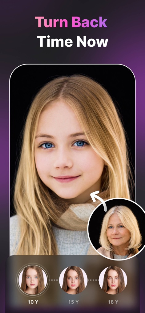 LoopArt - 3D Photo & Morph - La aplicación ilustra la progresión de edad, mostrando la evolución del rostro de X (una niña) a través de una línea temporal con Y (diferentes etapas de envejecimiento).