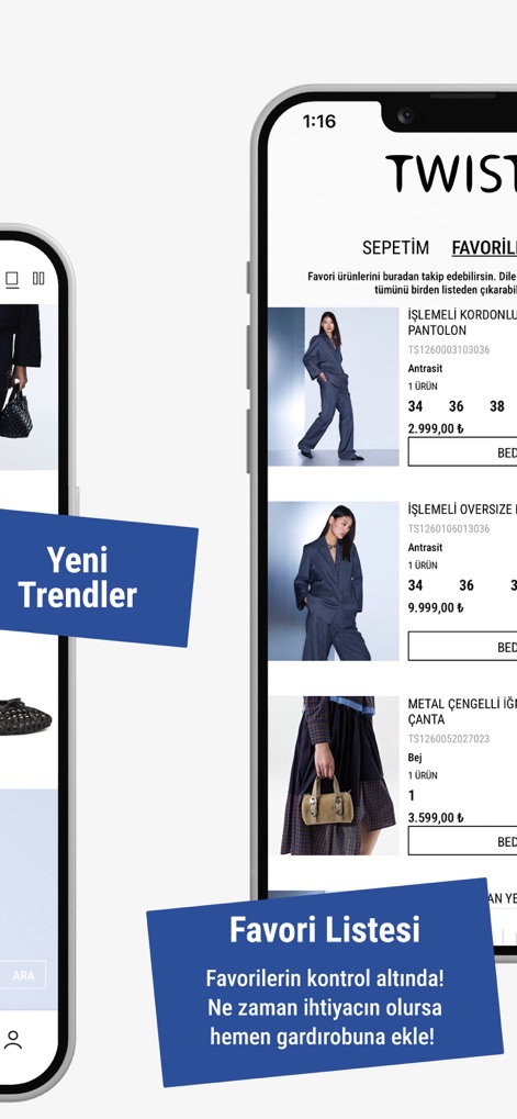 Twist - Users can effortlessly manage their preferred items with the "Favori Listesi" (Favorite List) while browsing detailed product listings featuring pants and blazers.
